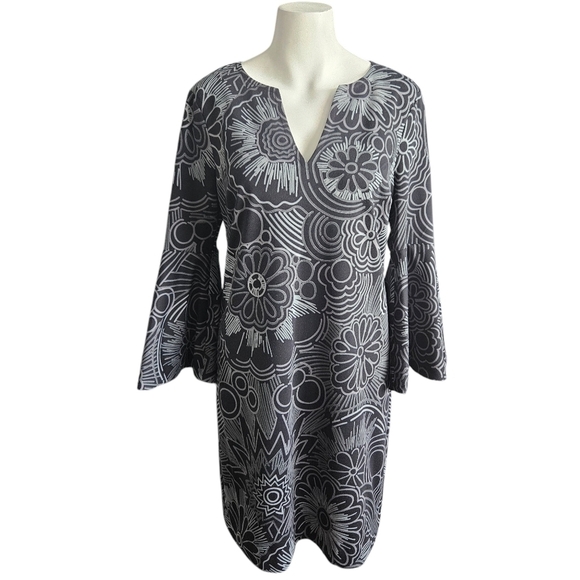 Trina Turk Black Abstract Floral Bell Sleeve Mini Sheath Dress Size Med - Picture 1 of 9